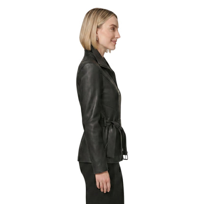 Womens Belted Black Biker Leather Jacket Order Now