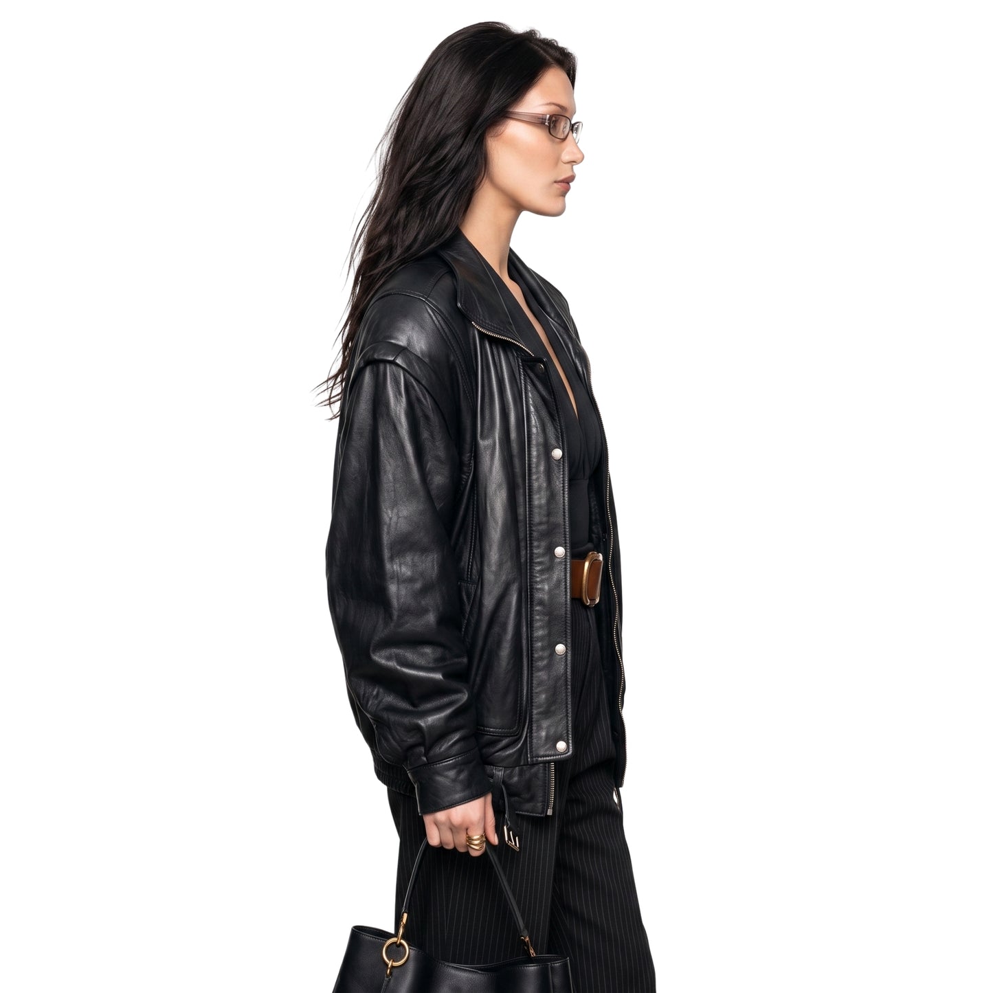 Bella Hadid PFW 2024 Black Leather Jacket Shop Now