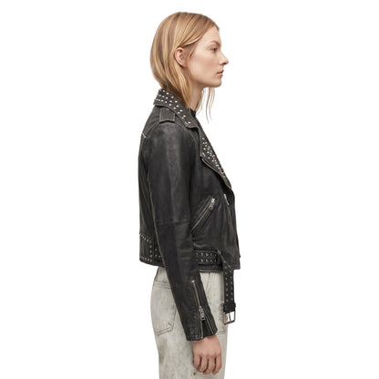 Women Studded Black Leather Biker Jacket Shop Now