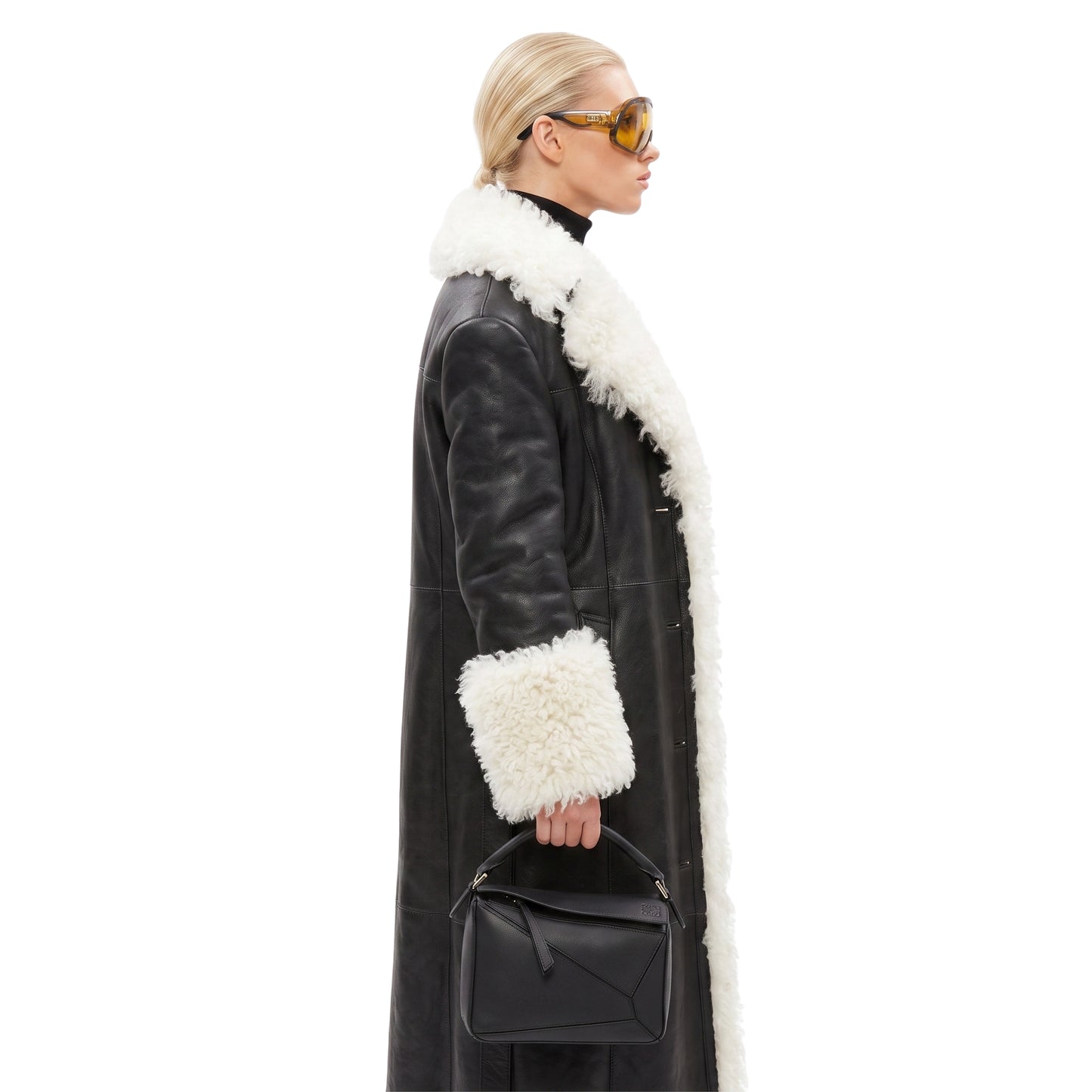Elsa Hosk Black Shearling Leather Coat