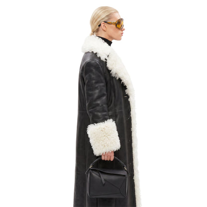 Elsa Hosk Black Shearling Leather Coat