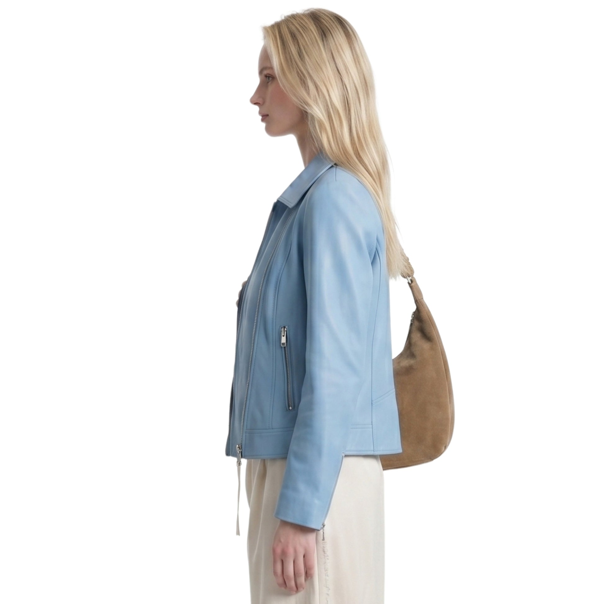 Womens Scuba Sky Blue Leather Jacket Order Now