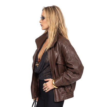 Bella Hadid PFW 2025 Brown Leather Jacket