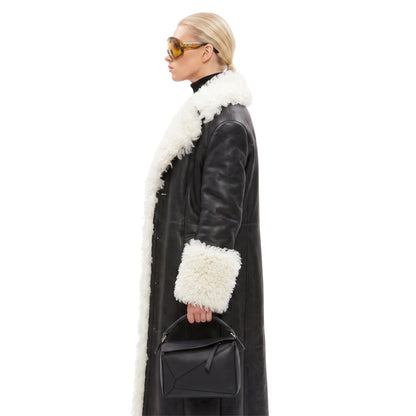 Elsa Hosk Black Shearling Leather Coat