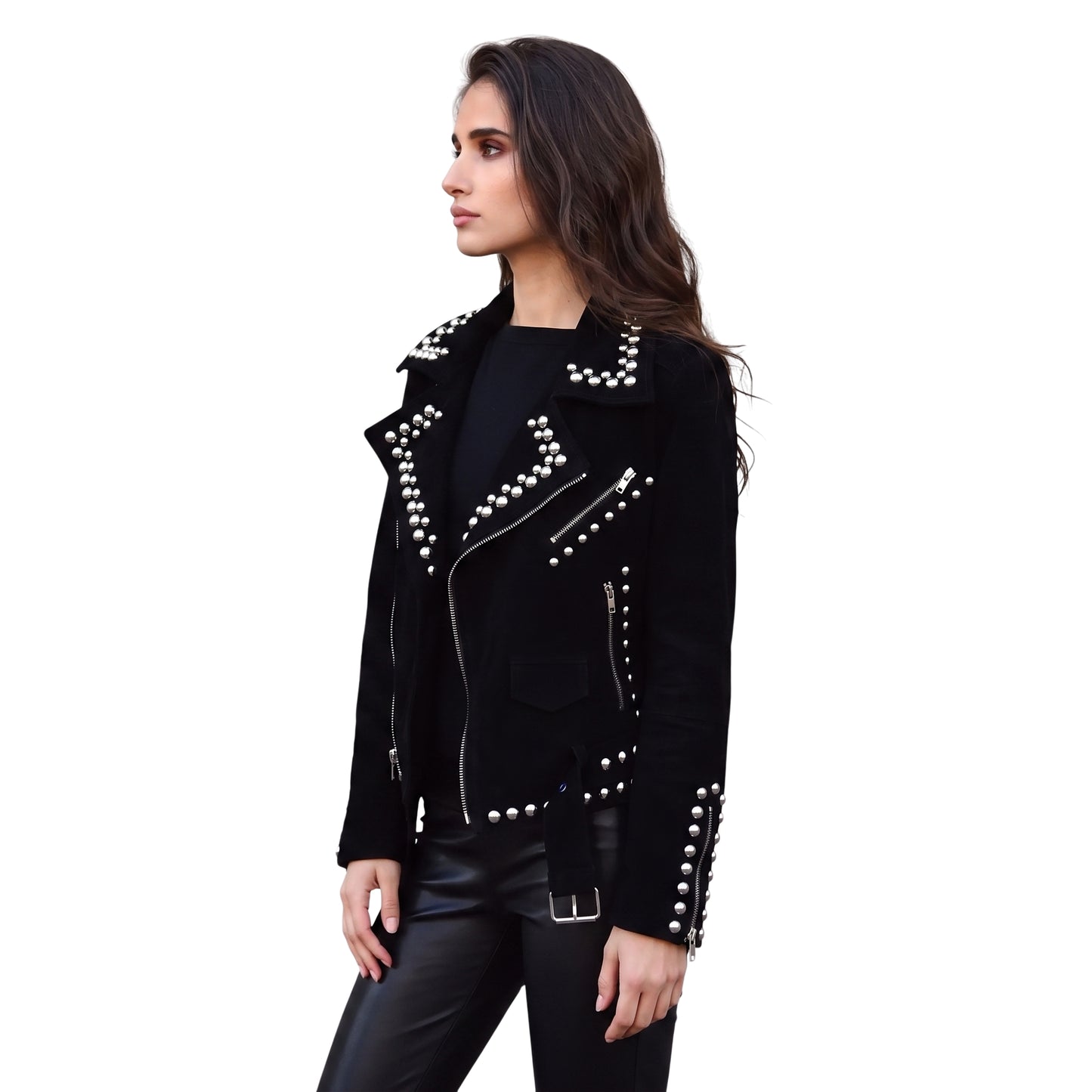 Women Suede Studded Leather Jacket