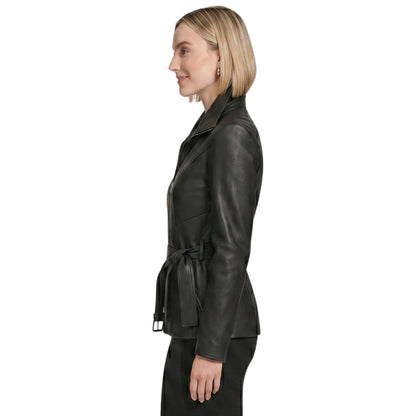 Womens Belted Black Biker Leather Jacket Shop Now