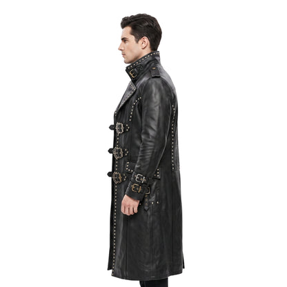 Men Black Genuine Cowhide Leather Gothic Trench Coat
