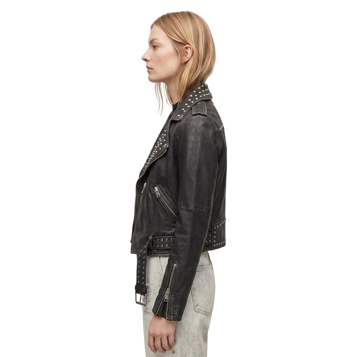 Women Studded Black Leather Biker Jacket Order Now