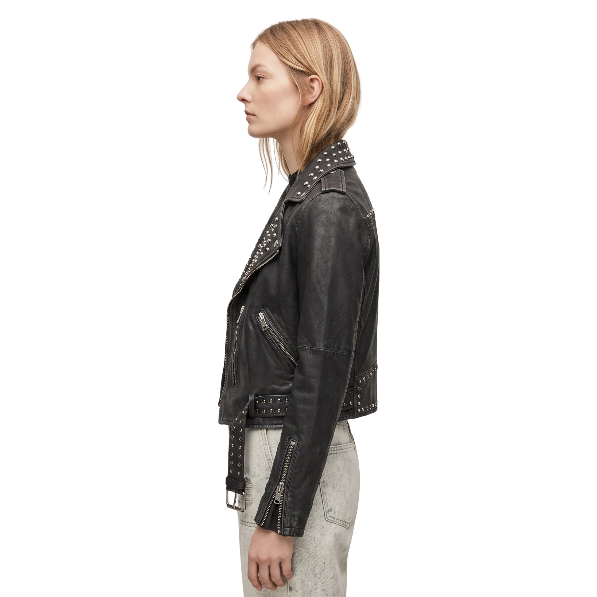 Women Studded Black Leather Biker Jacket Order Now