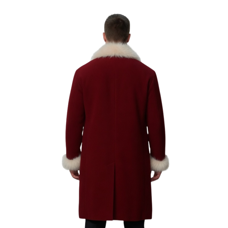Red coat with white fur trim worn by a person on a white background