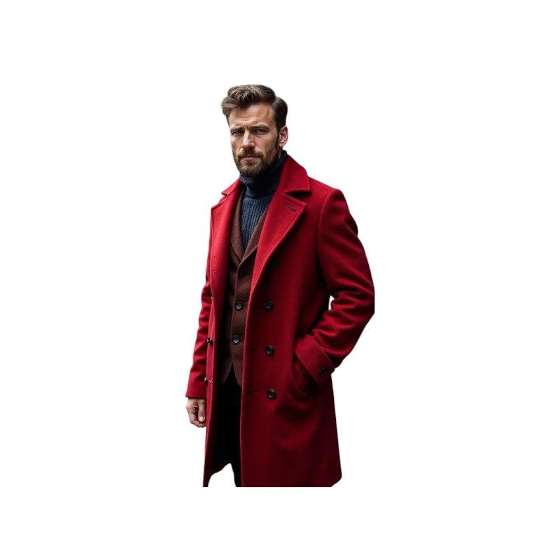 Men's Double-Breasted Real Wool Overcoat Elegant Red Knee-Length Coat