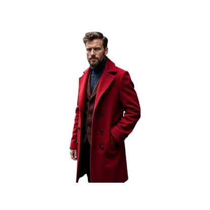 Men's Double-Breasted Real Wool Overcoat Elegant Red Knee-Length Coat
