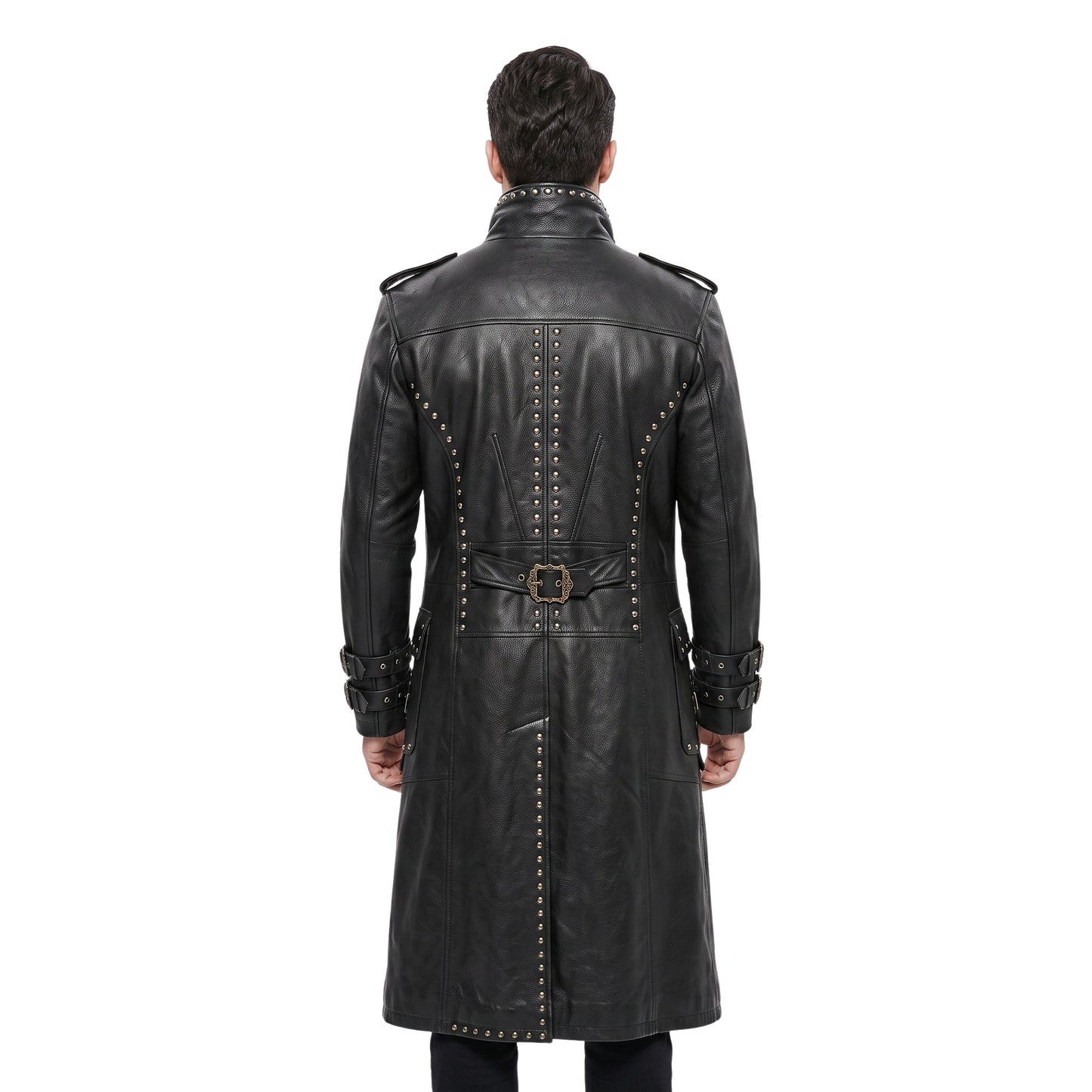 Men Black Genuine Cowhide Leather Gothic Trench Coat