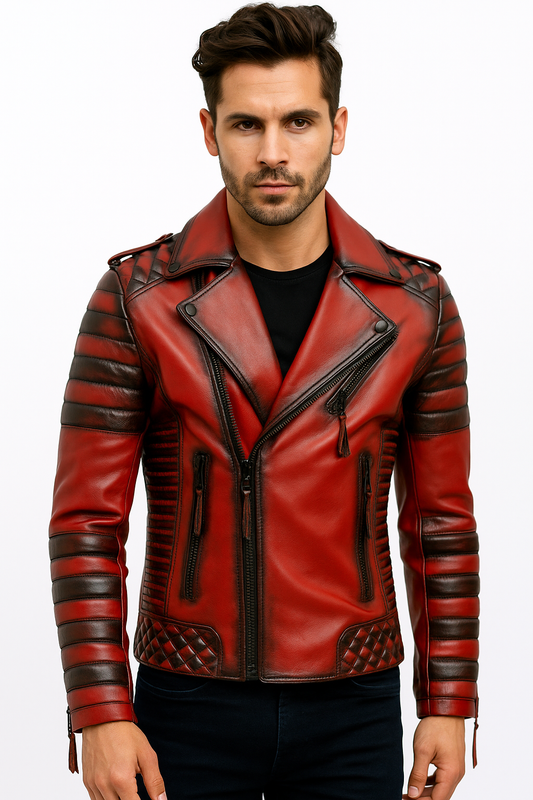Vintage Red Biker Leather Jacket for Men – Classic Motorcycle Riding Style