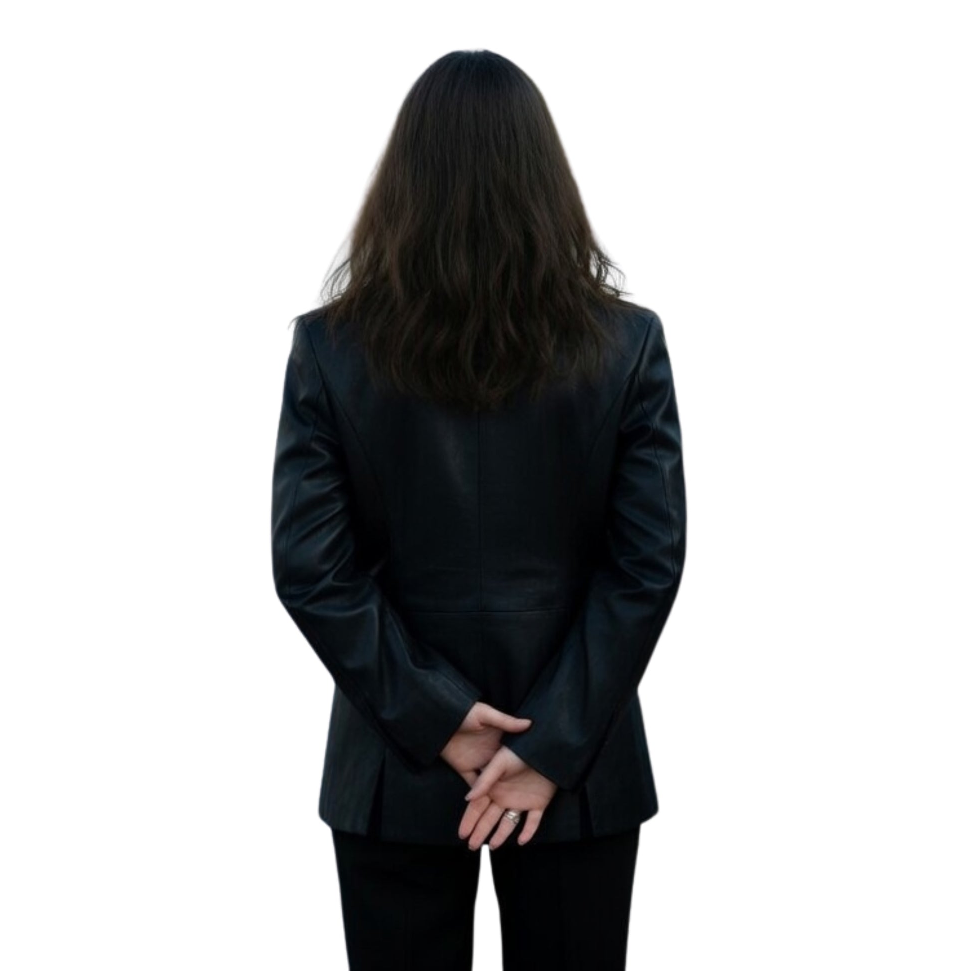 Person wearing a black suit on a white background