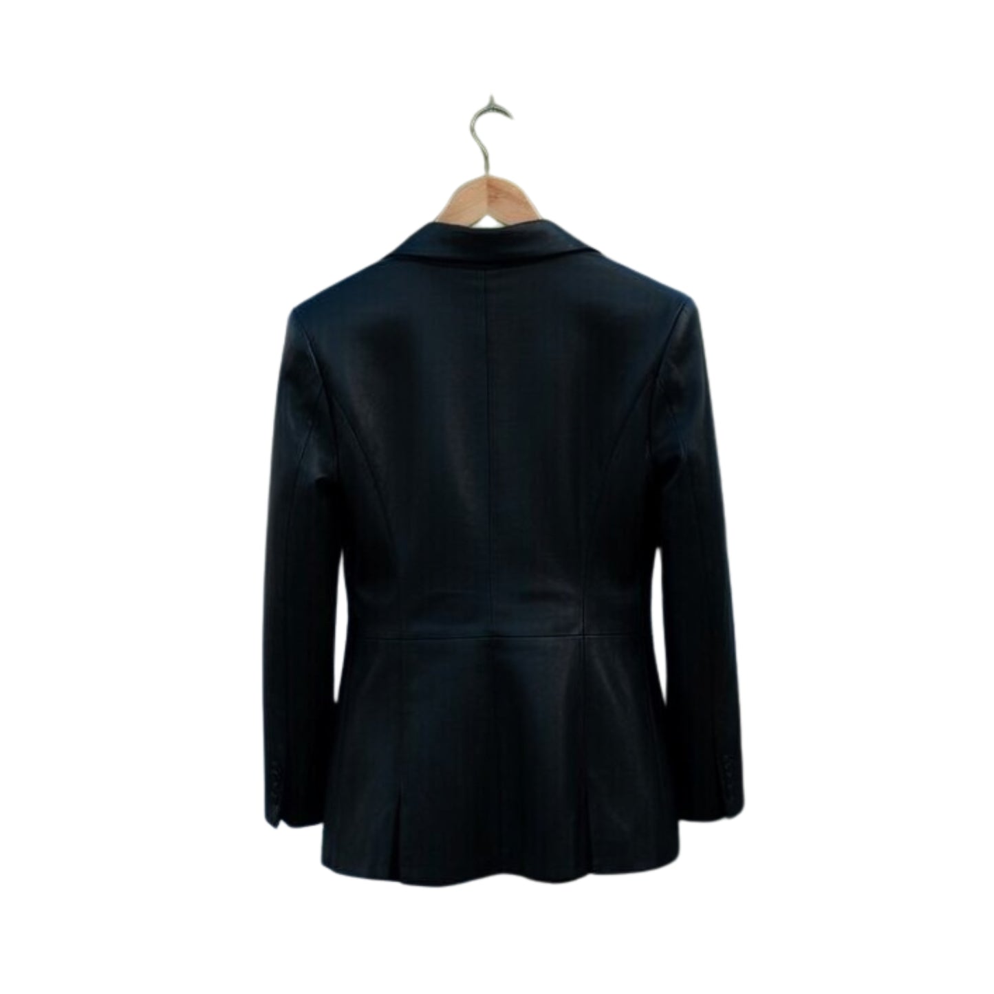 Black jacket on a hanger against a white background