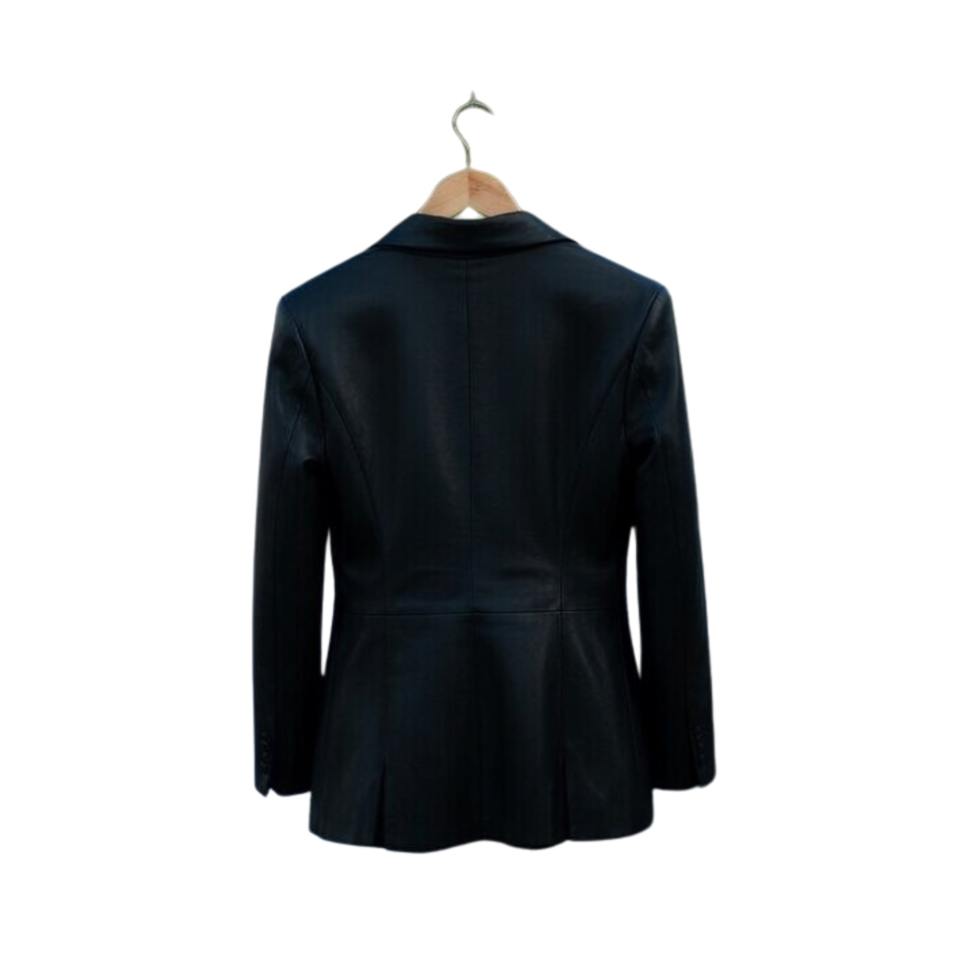 Black jacket on a hanger against a white background