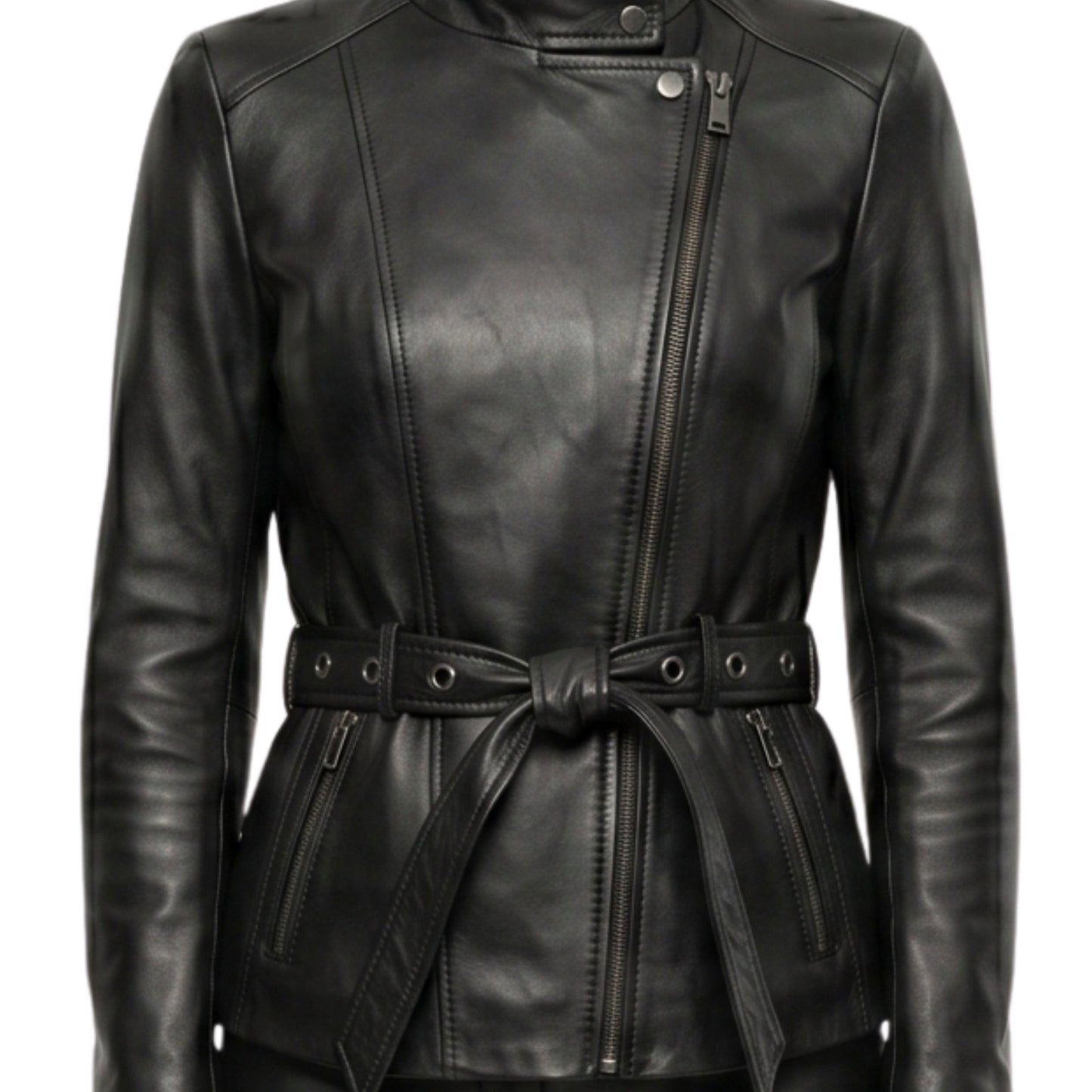 Womens Belted Black Biker Leather Jacket Buy Today