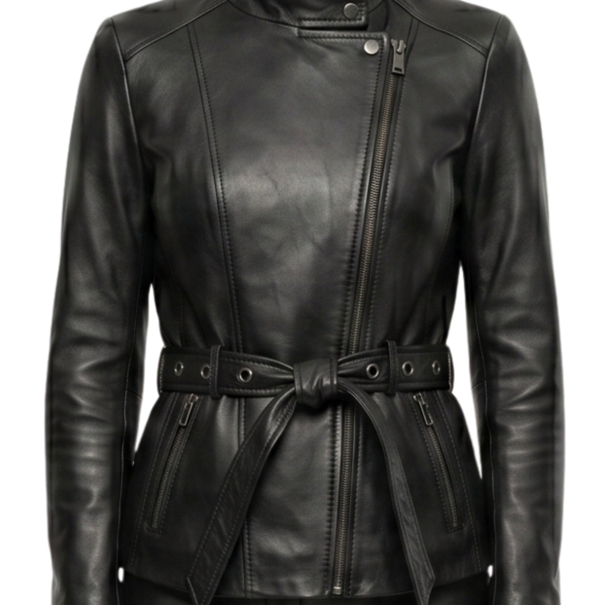 Womens Belted Black Biker Leather Jacket Buy Today