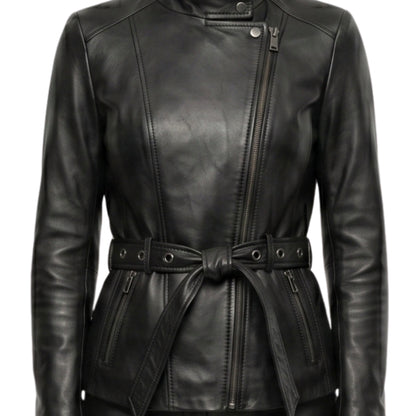 Womens Belted Black Biker Leather Jacket Buy Today