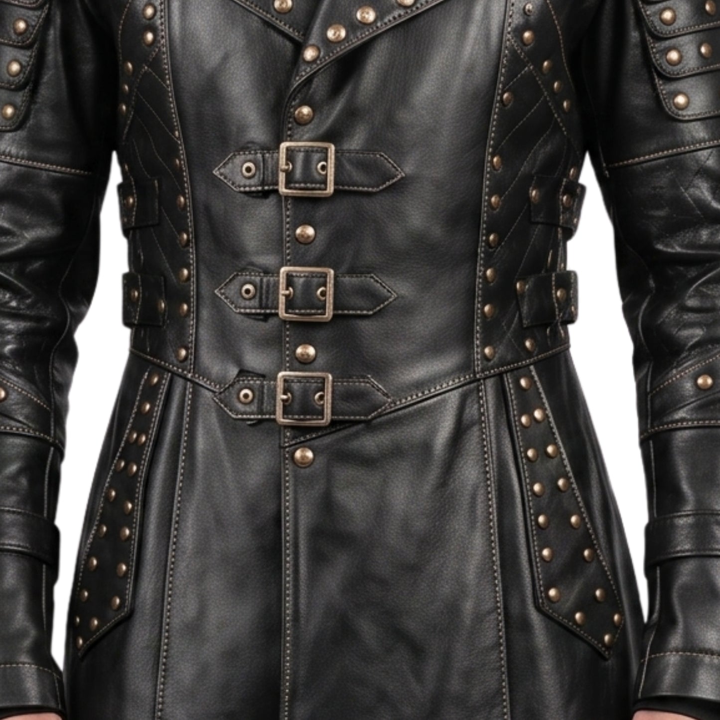 Men Black Genuine Cowhide Leather Gothic Trench Coat