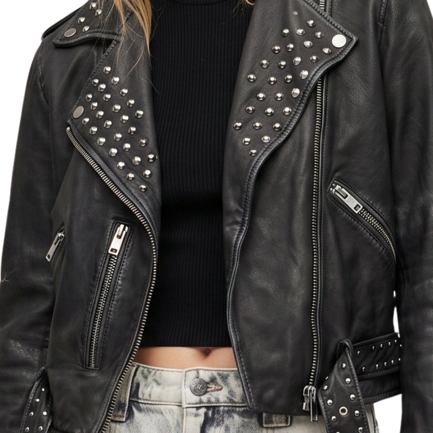 Women Studded Black Leather Biker Jacket Order Today