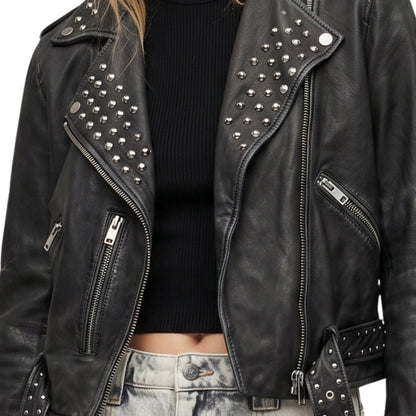 Women Studded Black Leather Biker Jacket Order Today