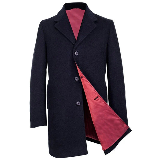 Men's Blue Handmade Long Sleeves Real Wool Trench Coat