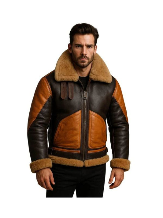 Men's Brown Aviator RAF B3 Real Sheepskin Faux Shearing Bomber Leather Jacket