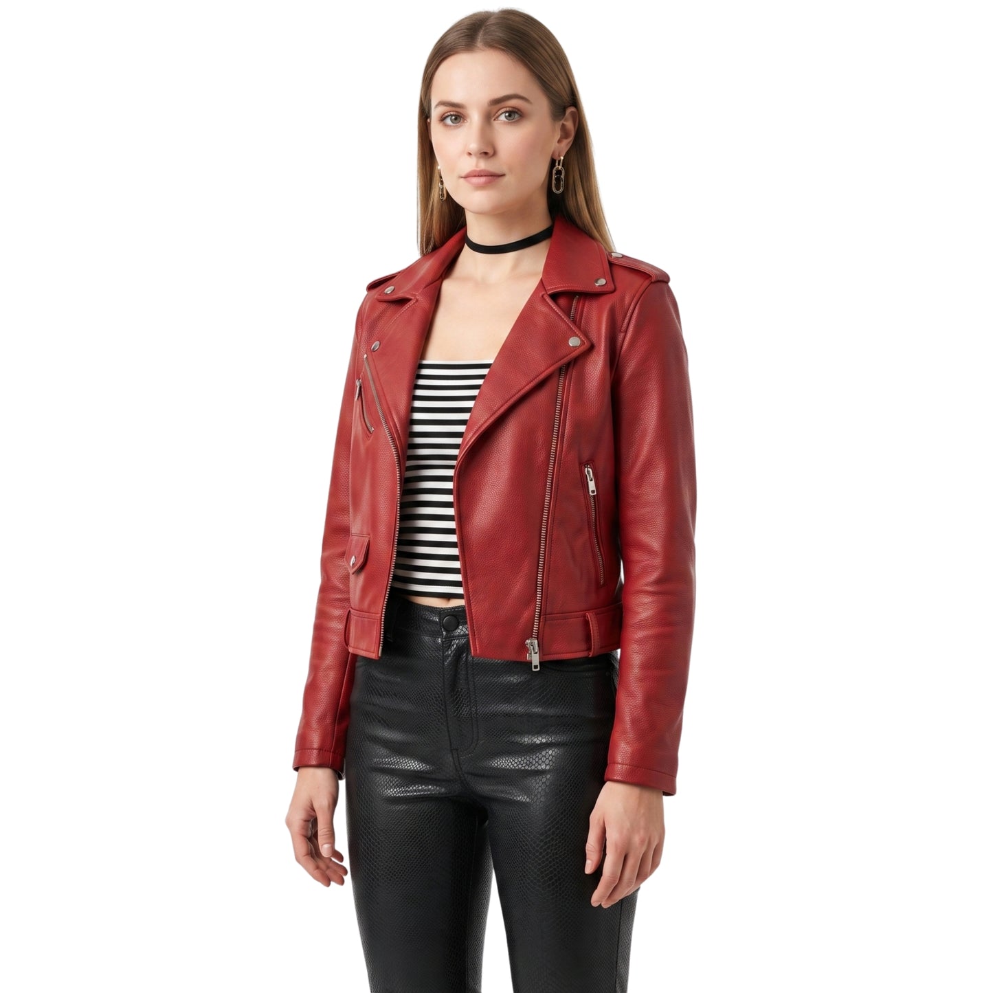 Stylish Womens Red Leather Biker Jacket Buy Now