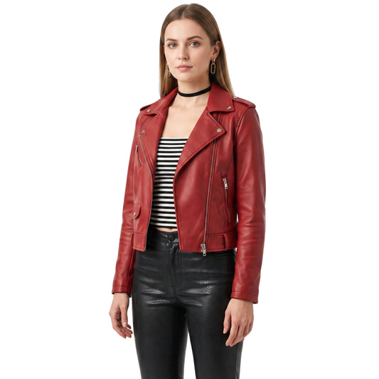 Stylish Womens Red Leather Biker Jacket Buy Now