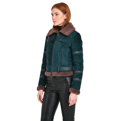 Womens B3 Leather Bomber Green Shearling Coat Buy Now