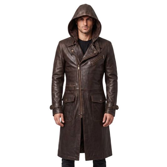 Premium Men's Brown Cowhide Leather Trench Coat