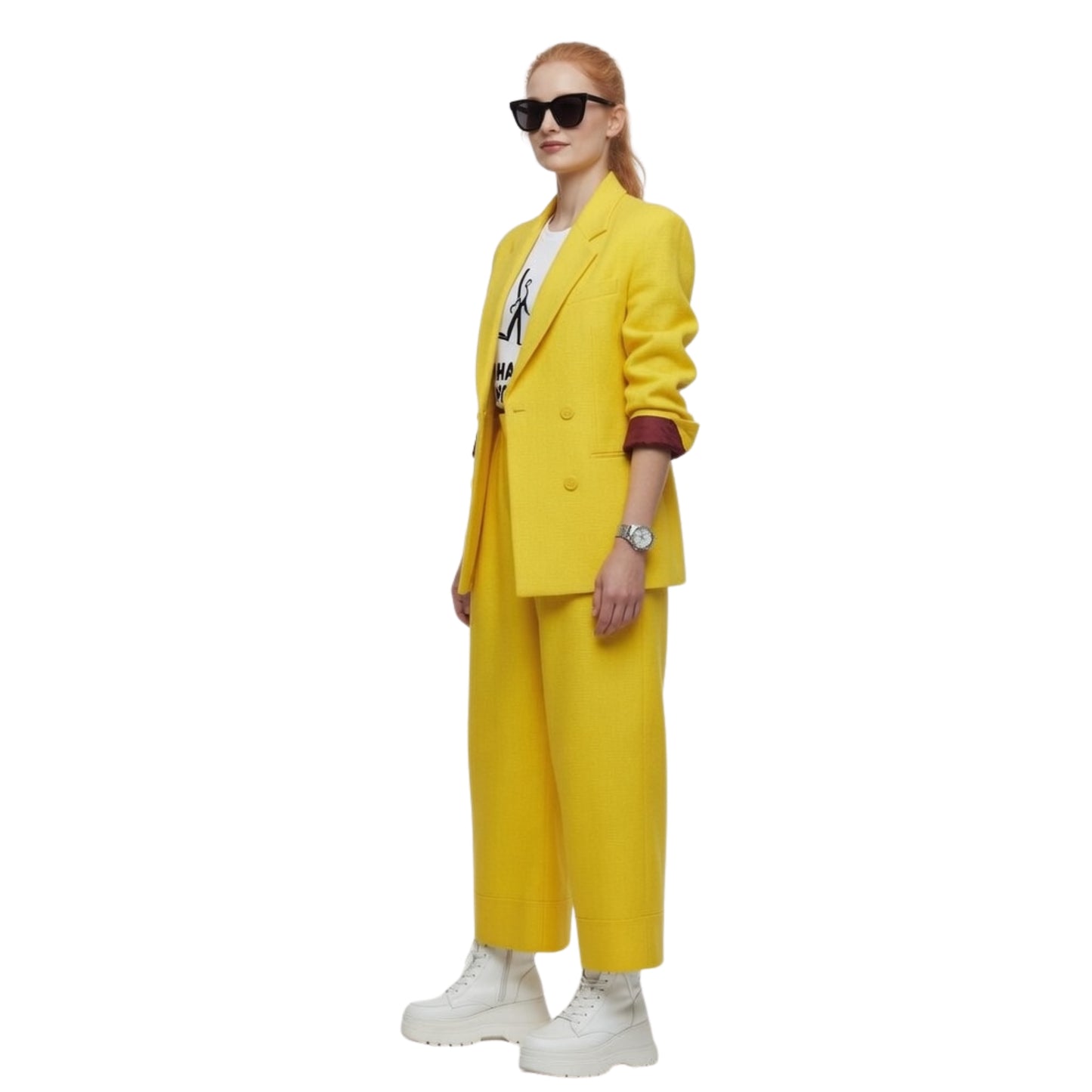 Person wearing a yellow suit with sunglasses on a white background