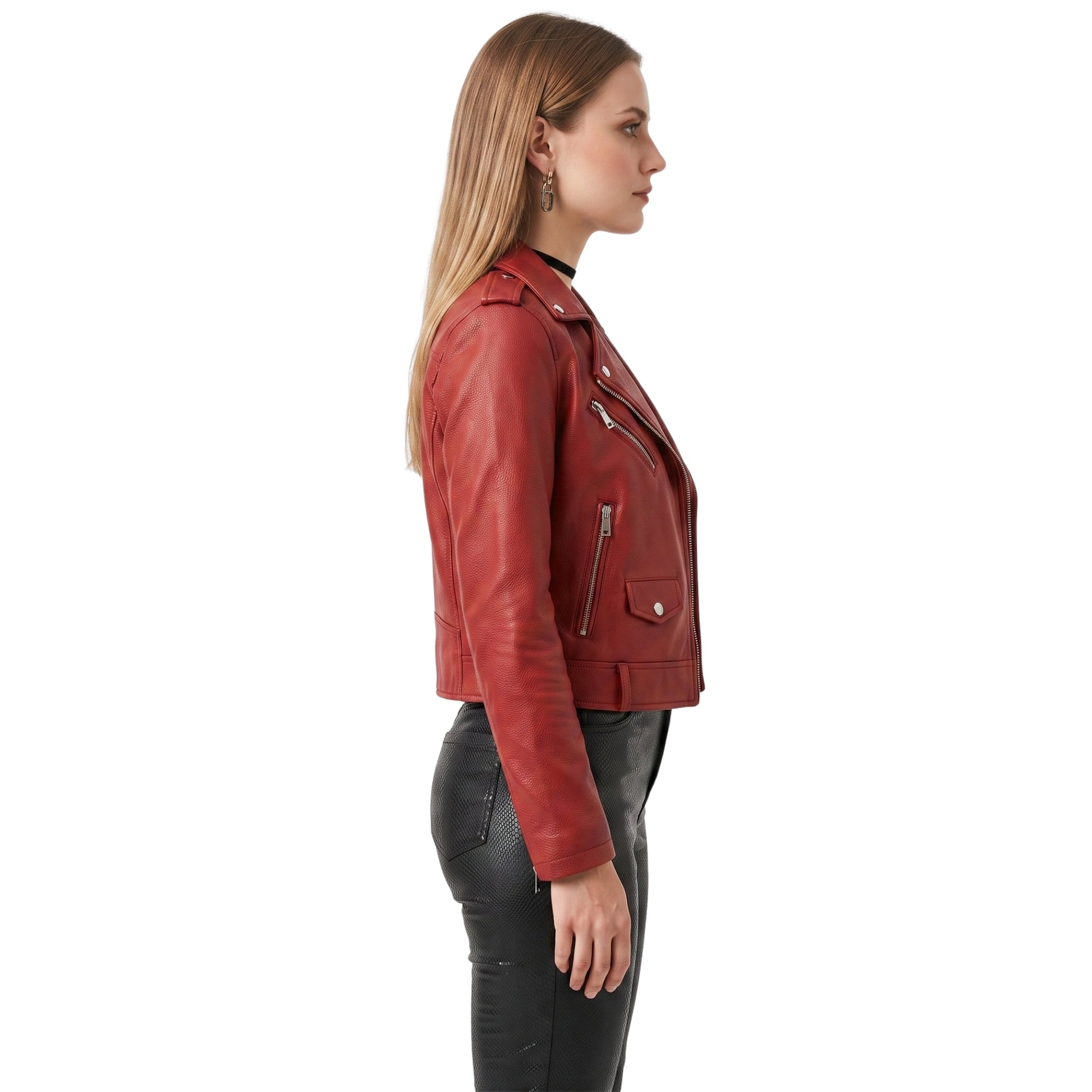 Stylish Womens Red Leather Biker Jacket Shop Now