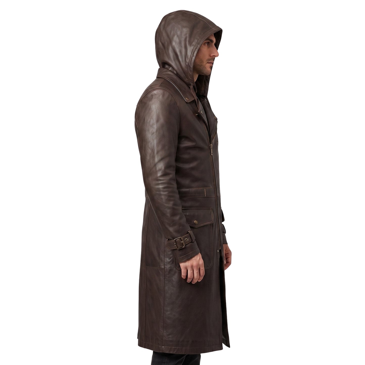 Premium Men's Brown Cowhide Leather Trench Coat