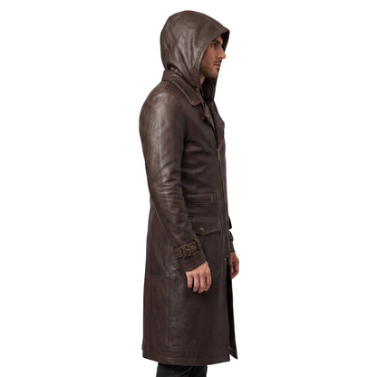 Premium Men's Brown Cowhide Leather Trench Coat