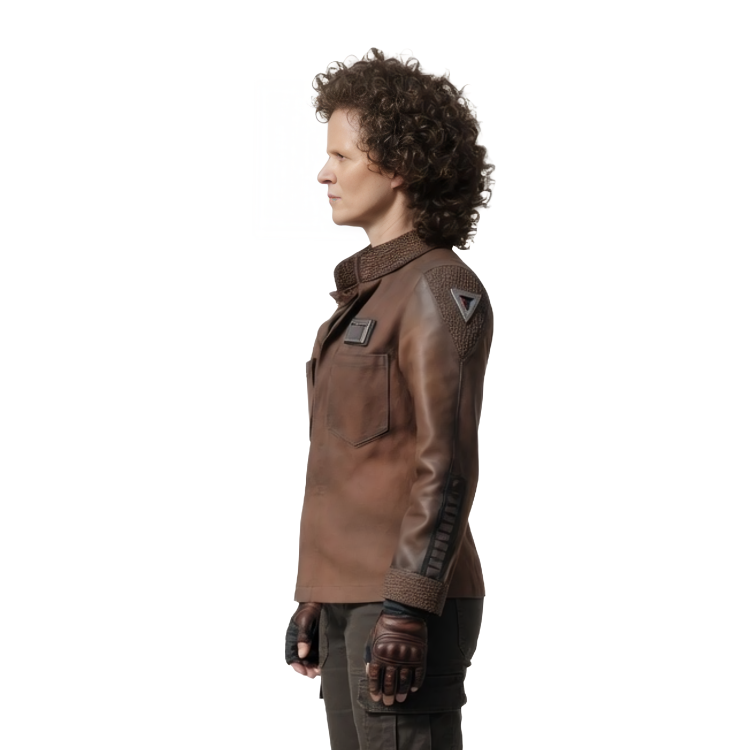 Person wearing a brown leather jacket with futuristic design elements on a white background