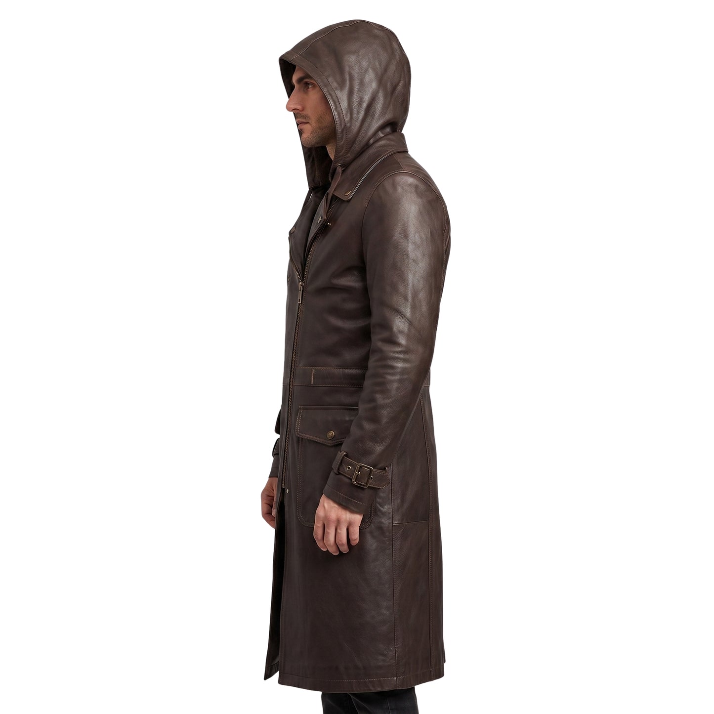 Premium Men's Brown Cowhide Leather Trench Coat