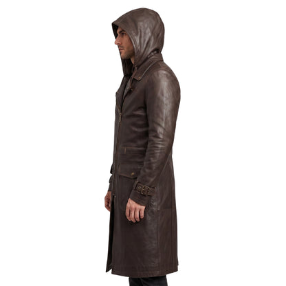 Premium Men's Brown Cowhide Leather Trench Coat