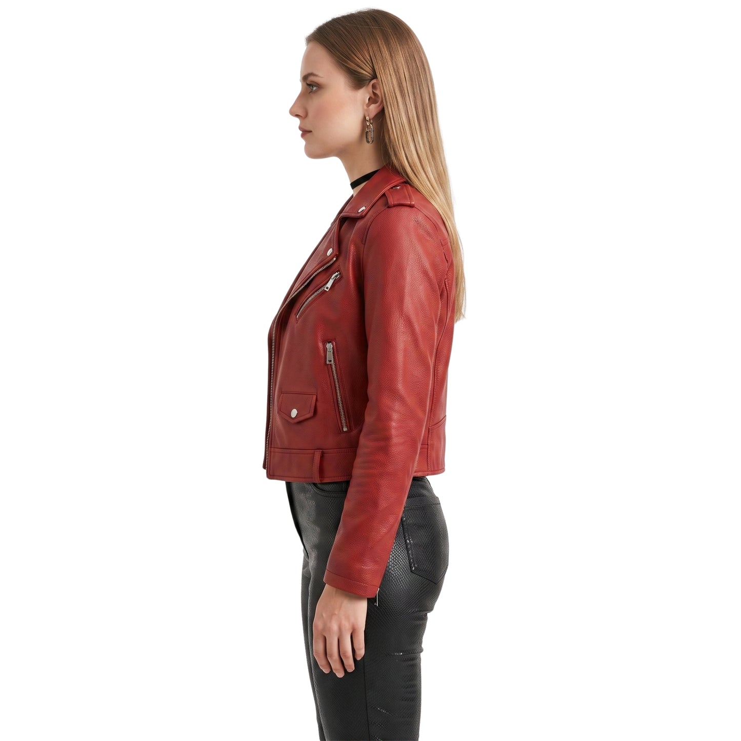 Stylish Womens Red Leather Biker Jacket Order Now