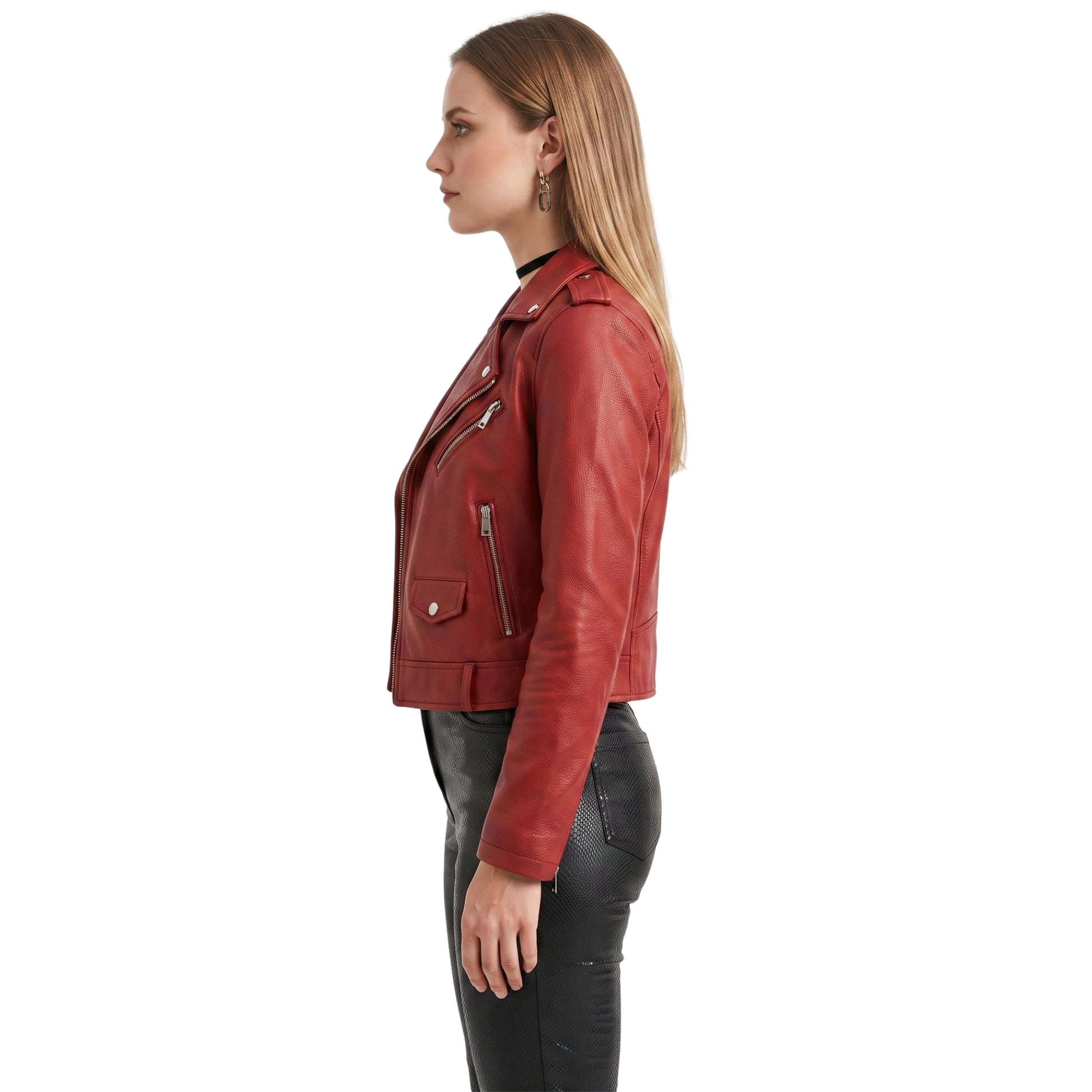 Stylish Womens Red Leather Biker Jacket Order Now