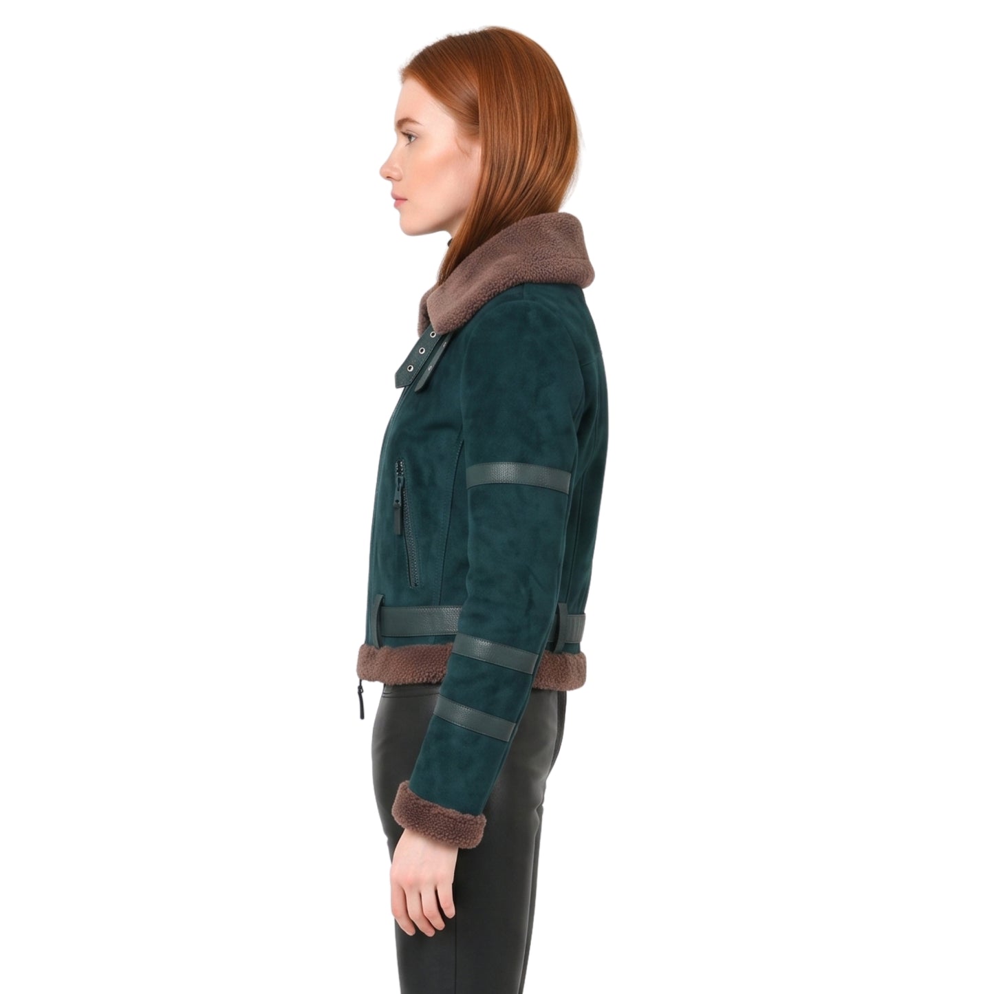 Womens B3 Leather Bomber Green Shearling Coat Order Now