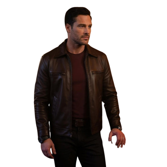 Man wearing a brown leather jacket on a white background
