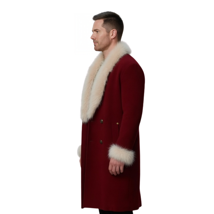 Man wearing a red coat with white fur trim on a white background
