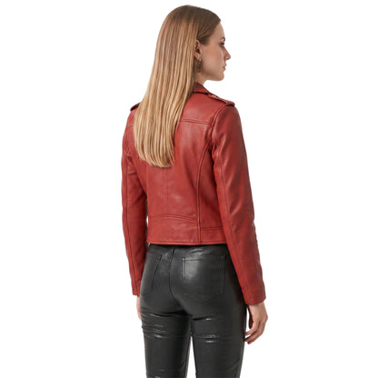 Stylish Womens Red Leather Biker Jacket Shop Today