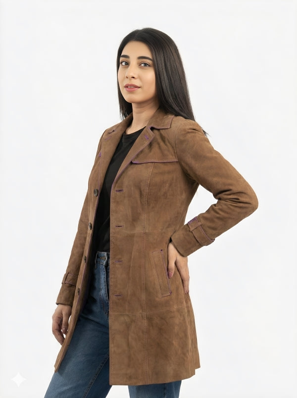 Women’s Suede Leather Button-Up Trench Coat