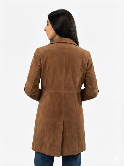 Women’s Suede Leather Button-Up Trench Coat
