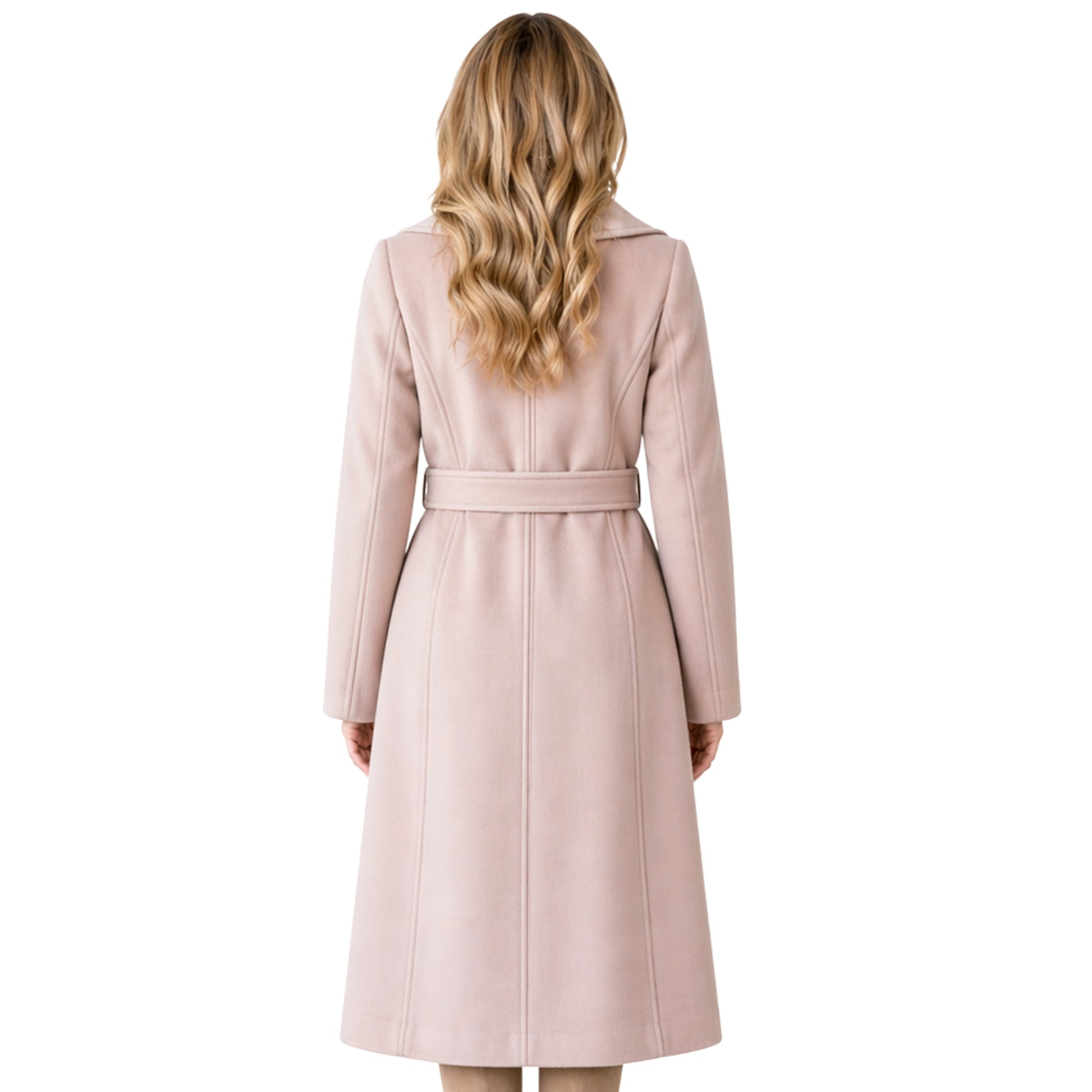 Woman wearing a long pink coat on a white background