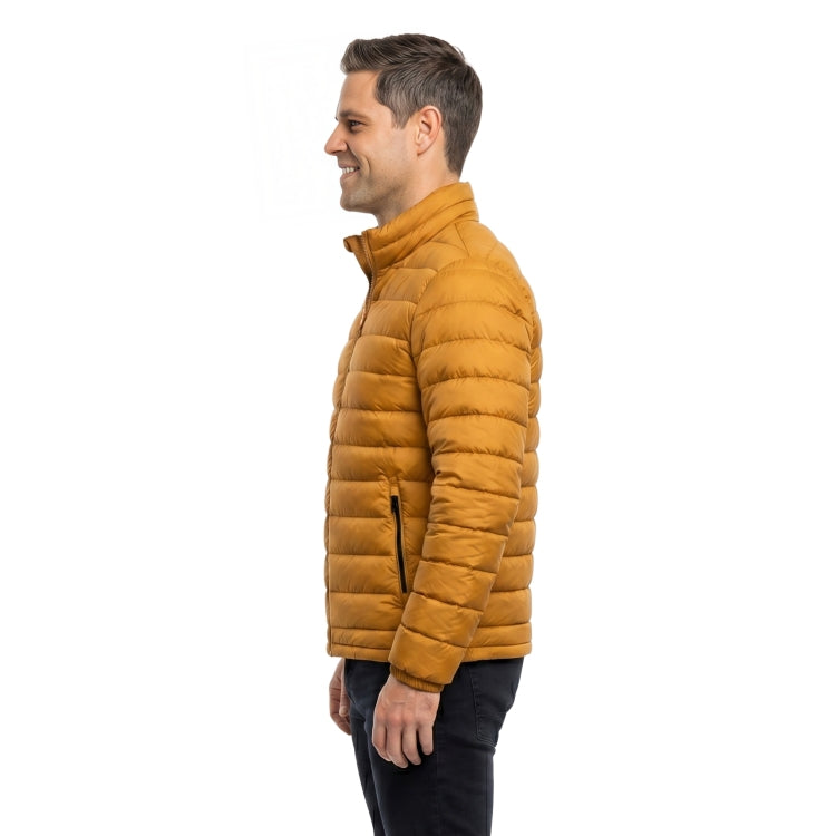 Man wearing a mustard yellow puffer jacket on a white background